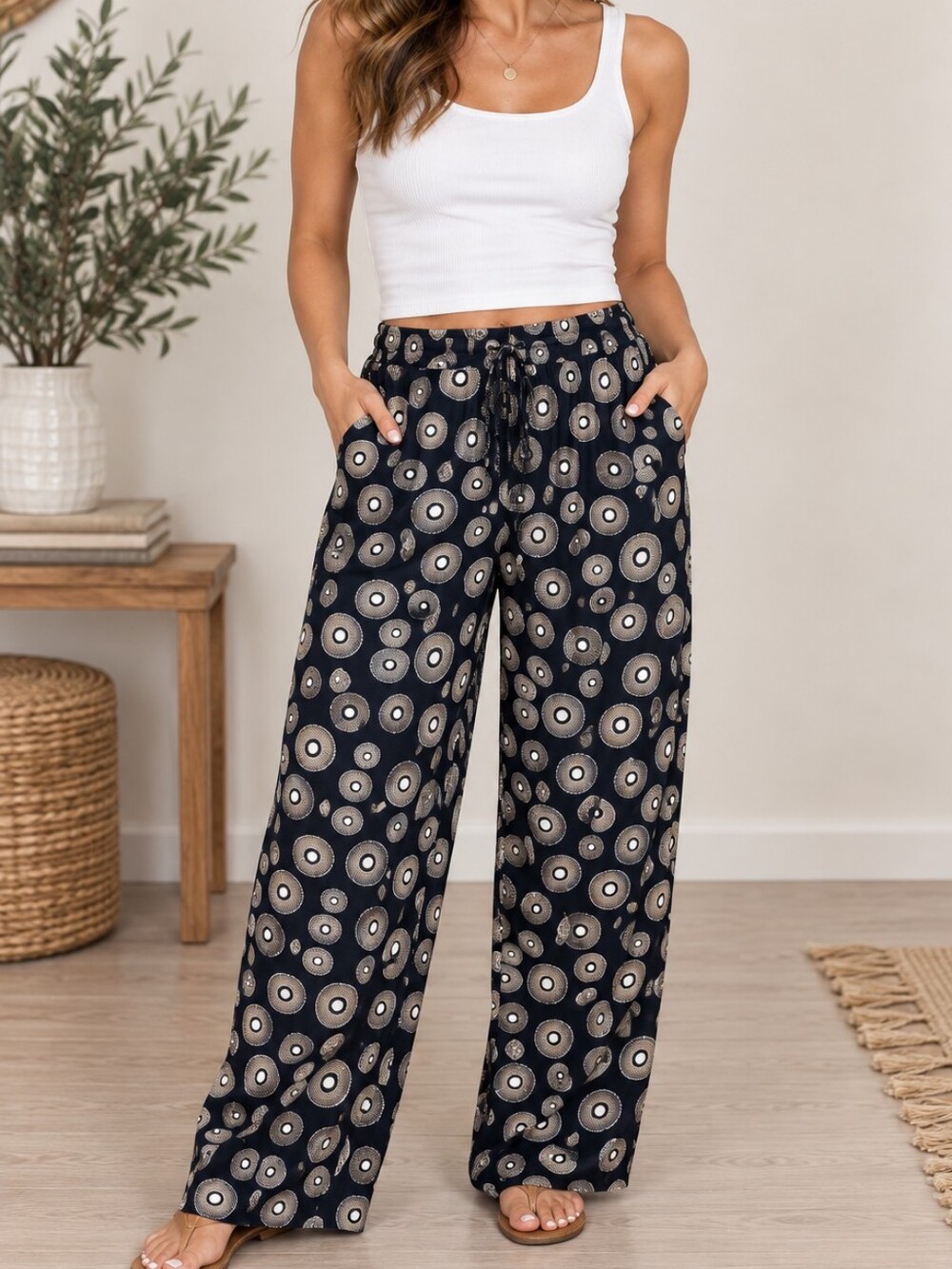 Black Gold Sunburst Medallion Wide Leg Boho Pants – L